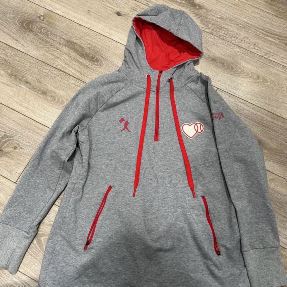 Baseballism Gray and Red Hoodie with Heart and Baseball Design